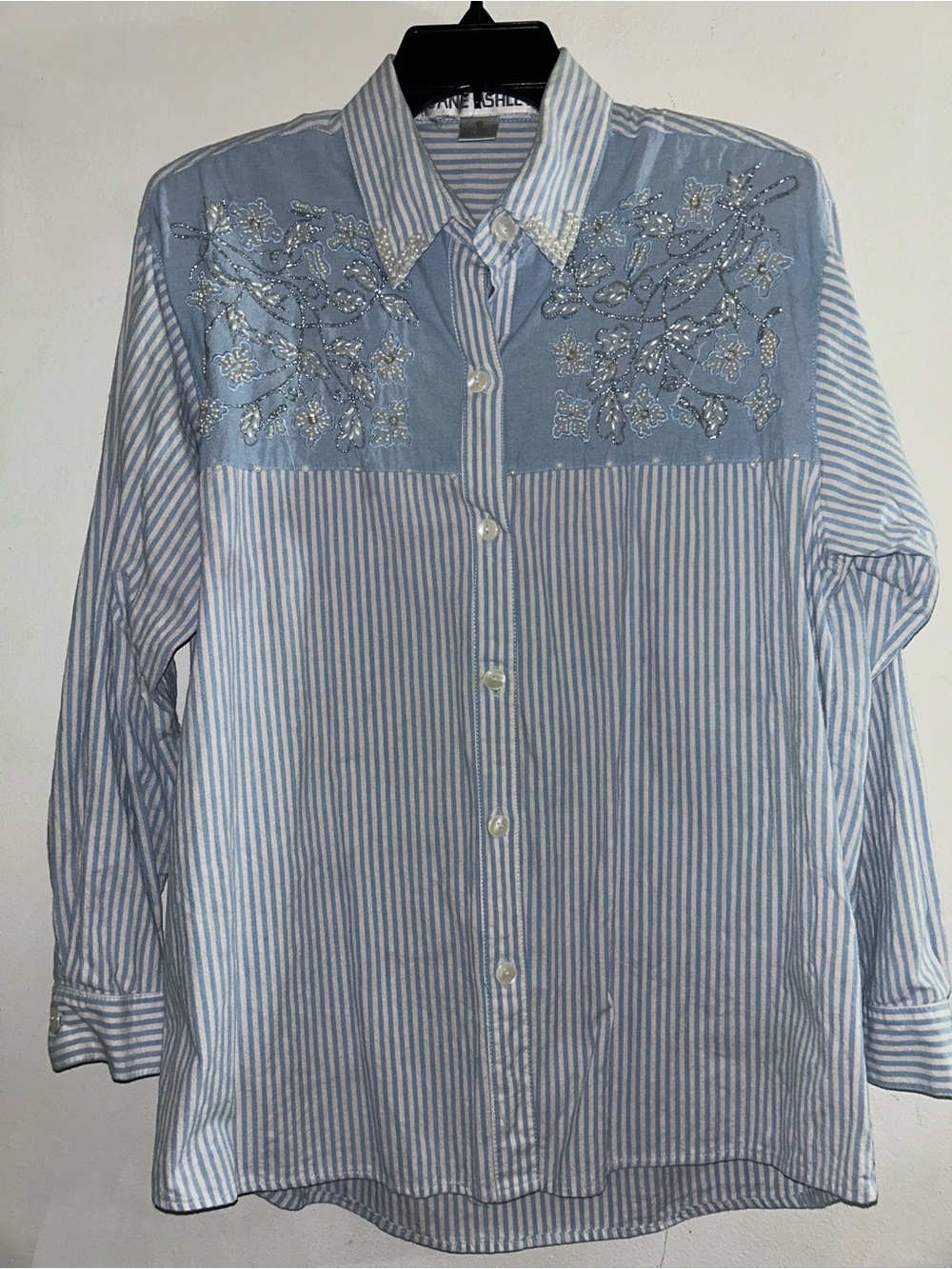 Jane Ashley Button Up Blouse Faux Pearl Embroidered Blue Striped Vintage